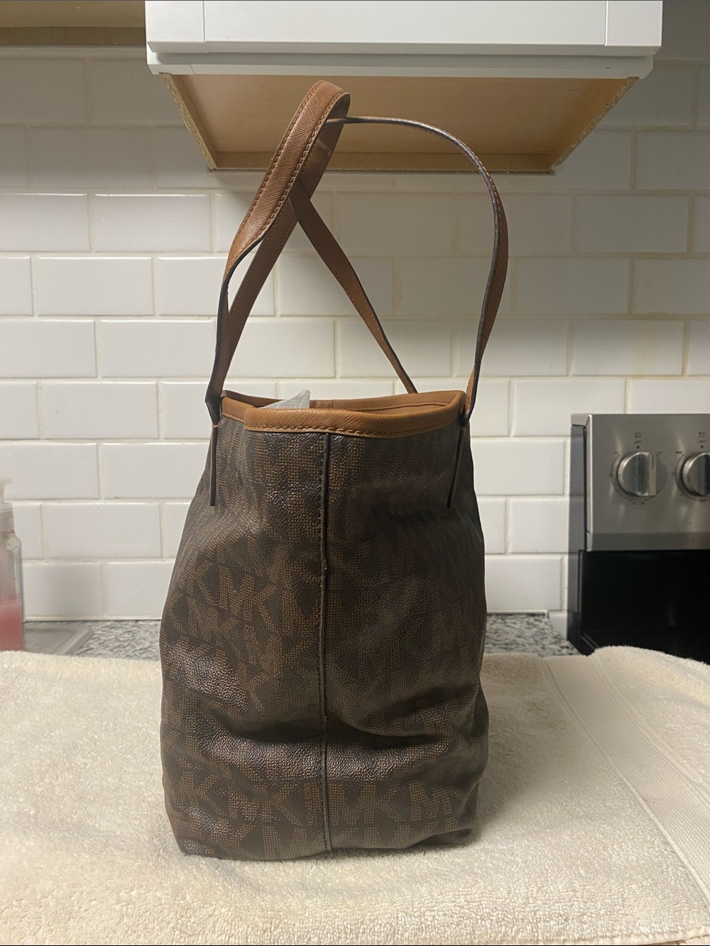 Michael Kors Brown and Tan MK Logo Tote - Picture 3 of 10